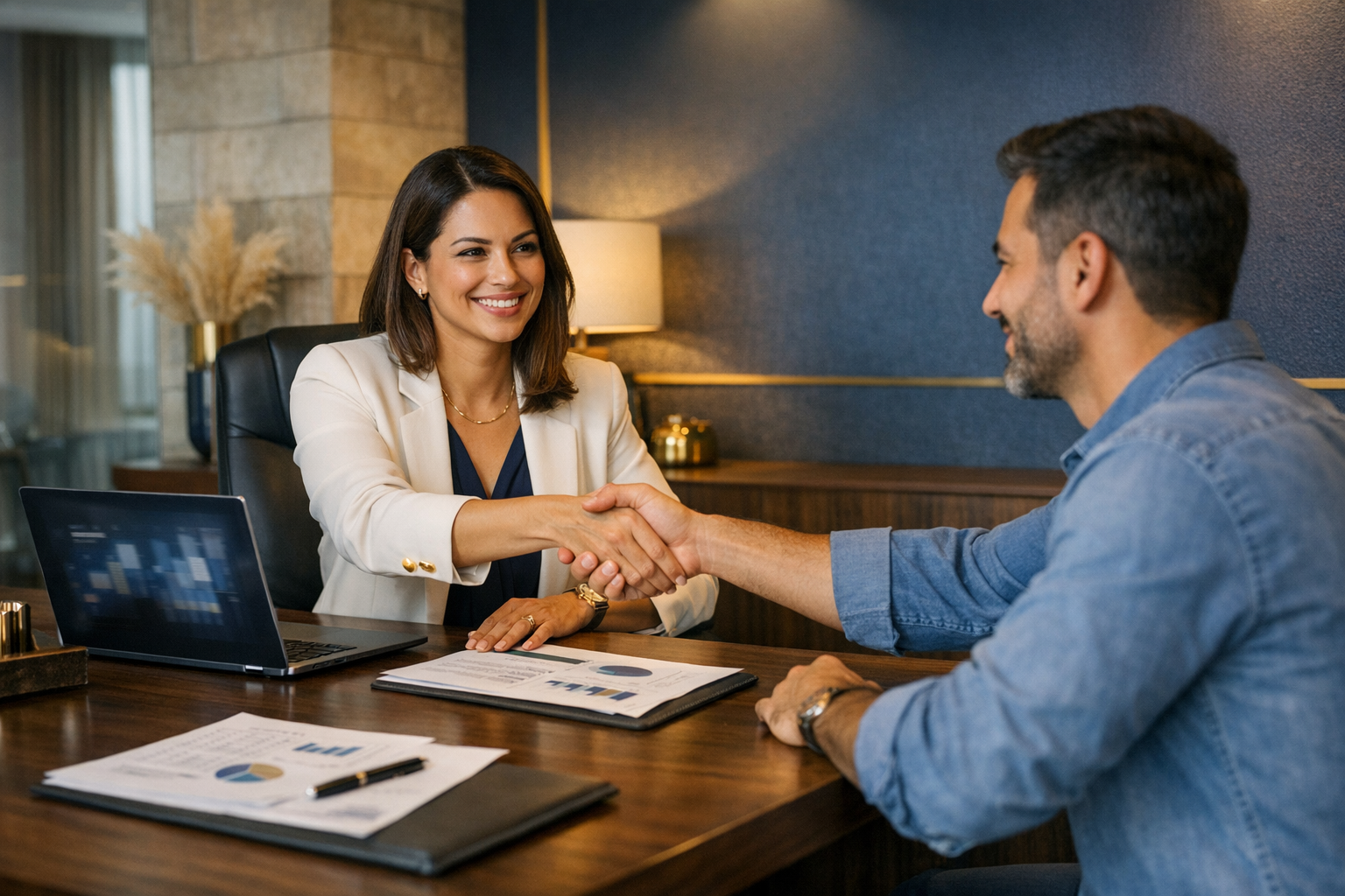 Consultor contábil atendendo empresário em escritório moderno